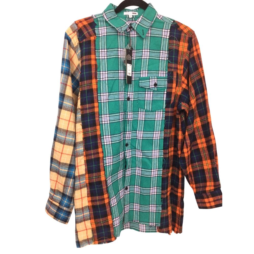 Fashion Nova Frayed Raw Hem Oversized Streetwear Casual Soft Flannel Shirt S
